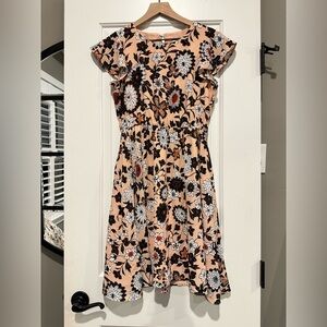 LOFT Peach Floral Dress with Tie Waist